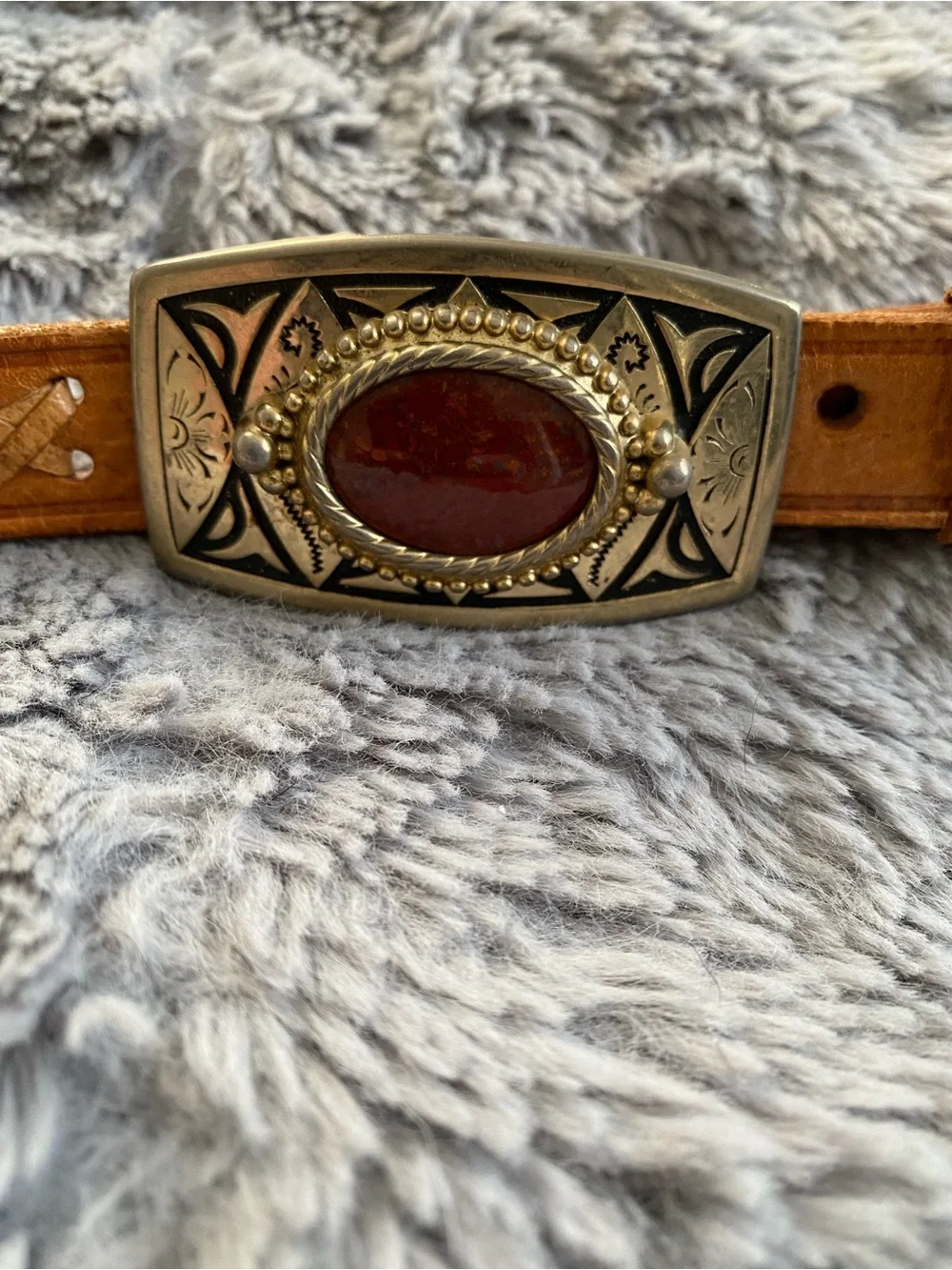 Tan Leather Western Belt with Ornate Stone Buckle